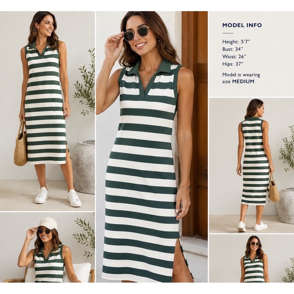 Wenrine Striped Sleeveless Polo Dress Womens Medium Green White Casual Midi
